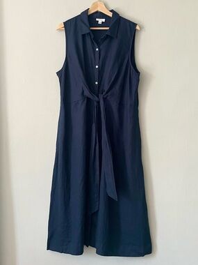 J. Jill Navy Linen Sleeveless Tie-Front Shirt Dress